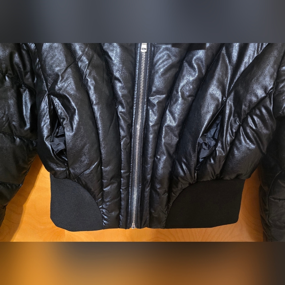 Winter NightS Faux Leather Cropped Black Women's Puffer Jacket Coat Fitted Ski - Picture 9 of 16